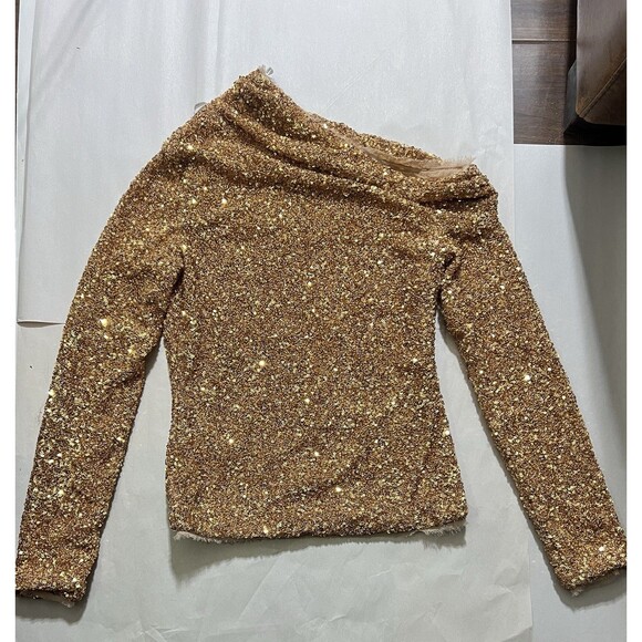 Self Portrait Gold Sequin Asymmetric Zip Top Sz 0  NWT - Picture 10 of 11